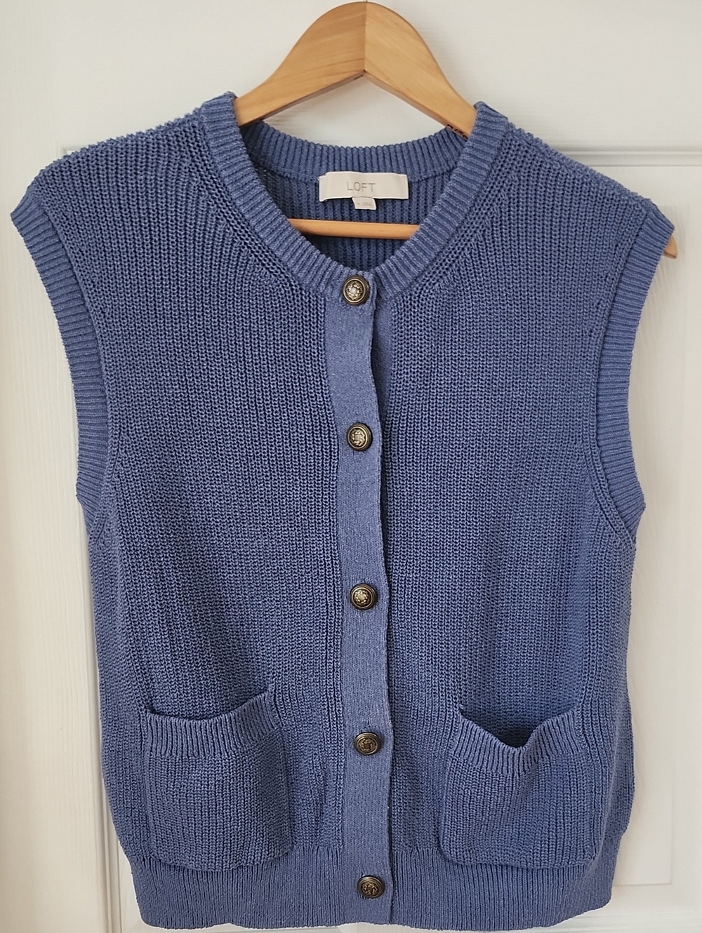 LOFT Periwinkle Button-Front Knit Sleeveless Cardigan